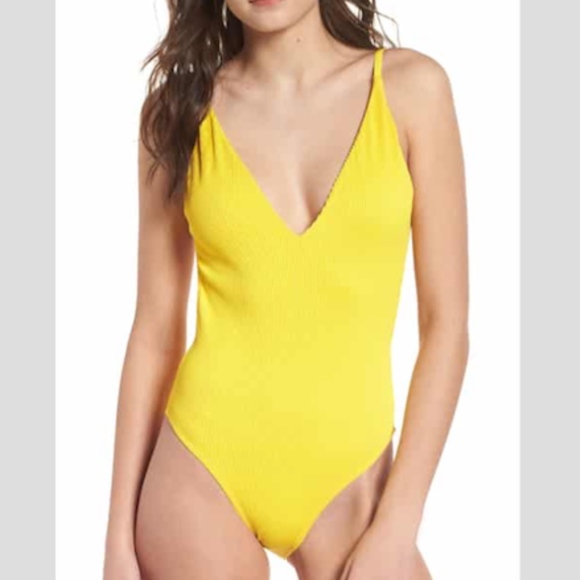 yellow ribbed one piece swimsuit